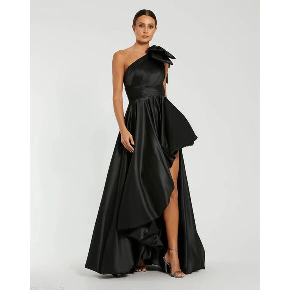 Mac Duggal Black Satin One Shoulder Bow Gown Size US16 $598 - Picture 1 of 10